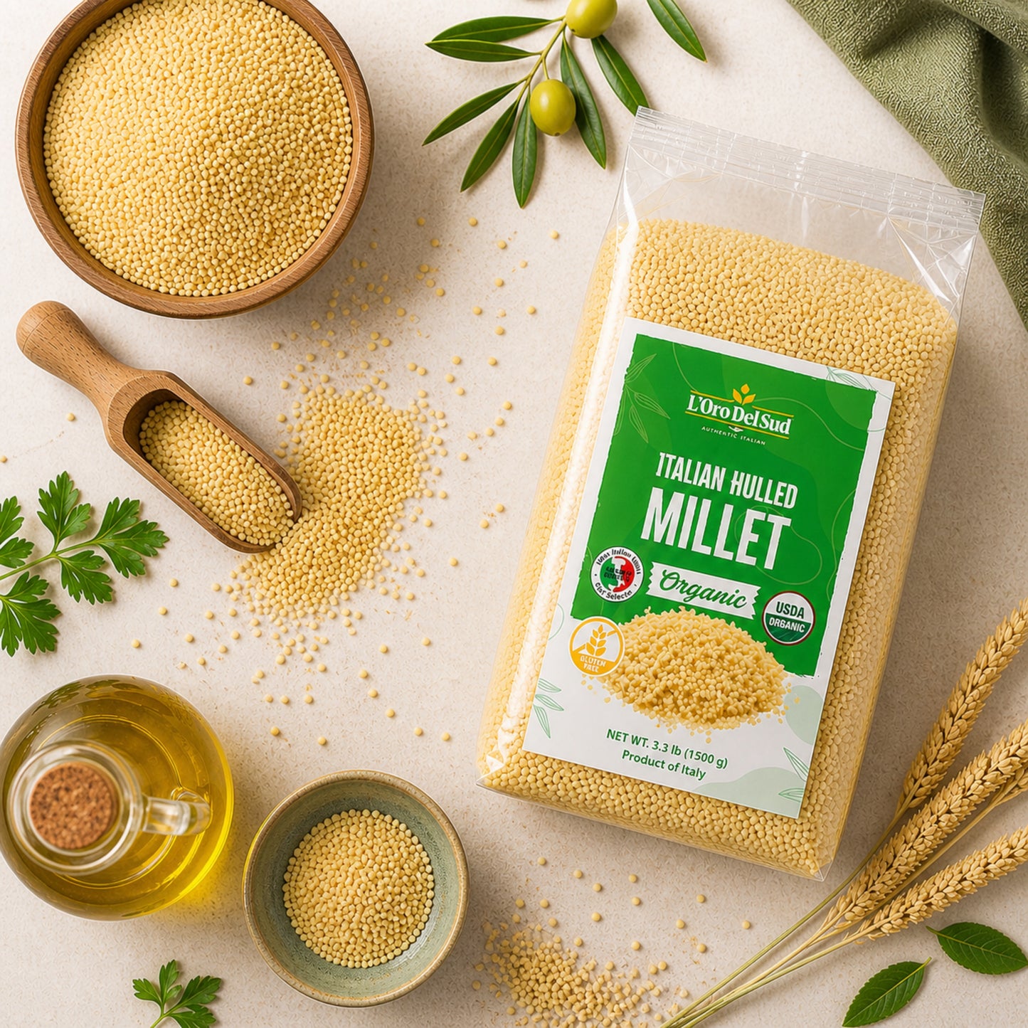 Naturally gluten-free hulled millet from Southern Italy with a mild, nutty flavor and light, fluffy texture. Perfect as a rice substitute, for soups, salads, porridge, and grain bowls.