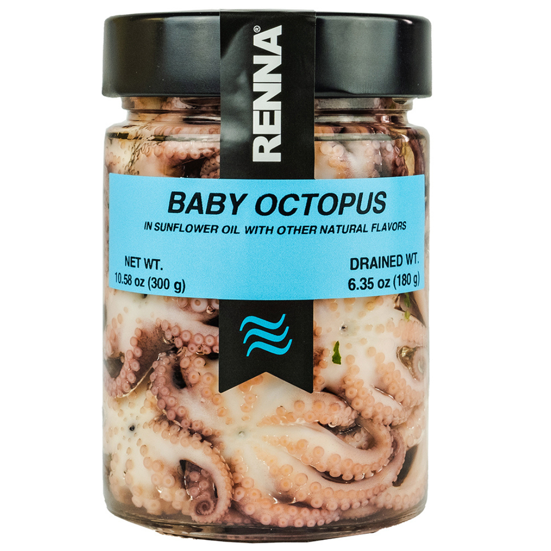 Renna, Baby Octopus, Small Octopus preserved in oil (10.58 oz), Premium Imported Seafood, Mediterranean flavor, Product of Italy