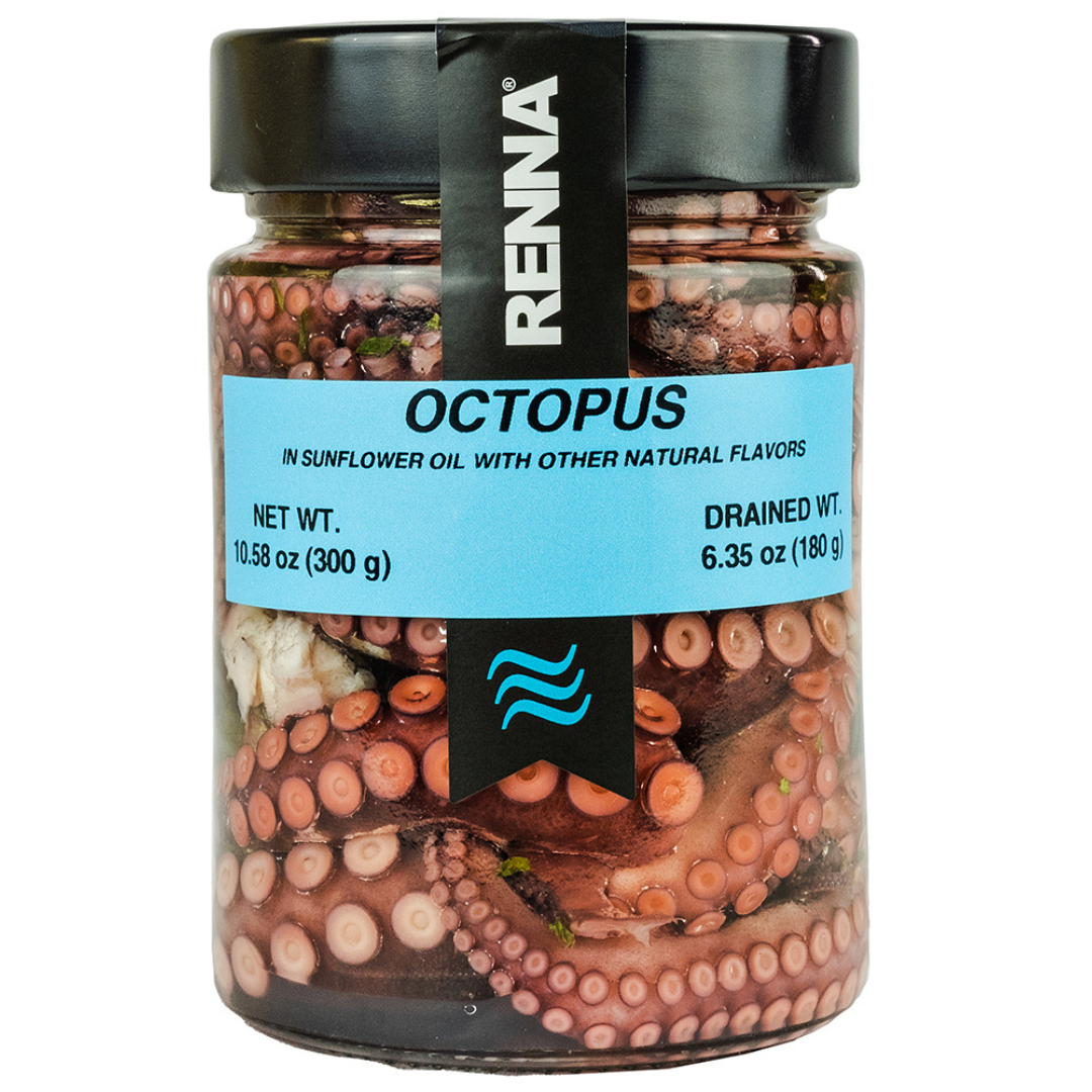 Renna, Fresh & Delicious Whole Octopus Tentacles in Oil, Tender, Mediterranean Seafood Salad, Italian-style Ready-to-Eat Octopus, Preserved Appetizer, 10.58 oz