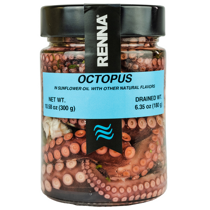 Renna, Fresh & Delicious Whole Octopus Tentacles in Oil, Tender, Mediterranean Seafood Salad, Italian-style Ready-to-Eat Octopus, Preserved Appetizer, 10.58 oz