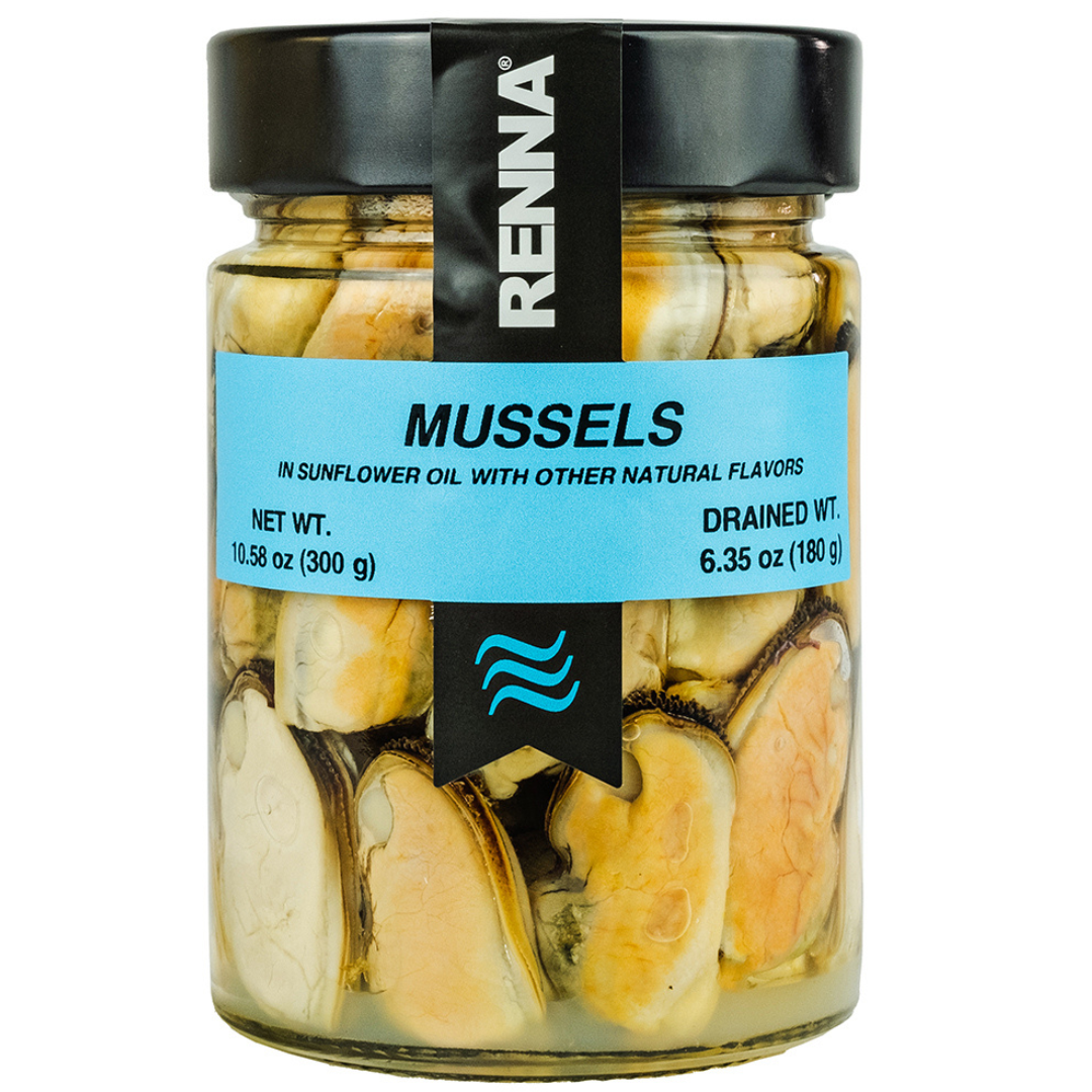 Renna, Succulent Mussels Preserved in Sunflower Oil (10.58 oz) - Experience the Taste of the Mediterranean, product of Italy