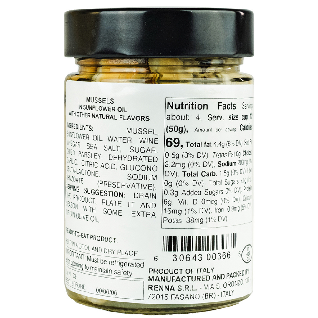 Renna, Succulent Mussels Preserved in Sunflower Oil (10.58 oz) - Experience the Taste of the Mediterranean, product of Italy