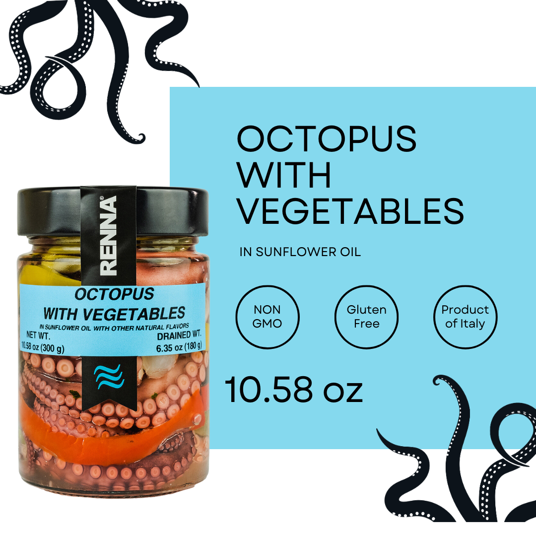 Authentic Mediterranean Indulgence: Immerse yourself in the rich and savory flavors of the Mediterranean with Renna's Premium Octopus with Vegetables. Each bite is a culinary journey through the coastal delights of Italy.