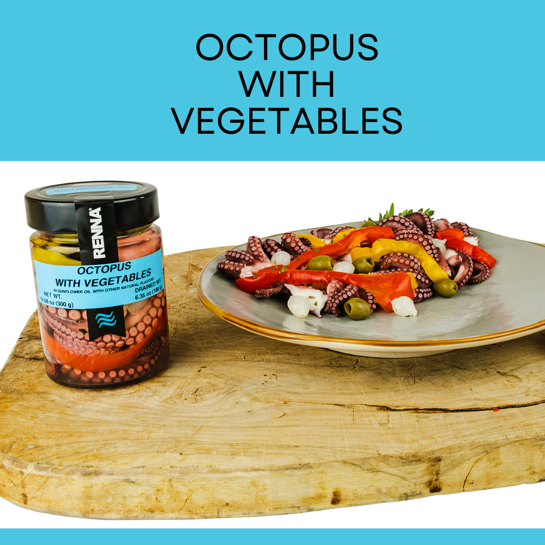 Renna, Octopus With Vegetables preserved in oil (10.58 oz), Premium Imported Canned Seafood, Mediterranean flavor, Product of Italy