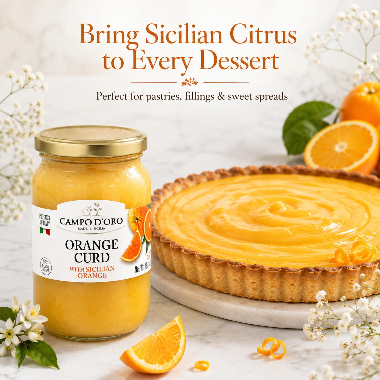 Campo D’Oro Orange Curd jar made in Sicily with Sicilian oranges and creamy custard