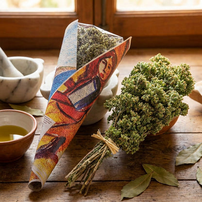 Herbs in a colorful package on a wooden surface with a mortar and pestle in the background.