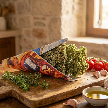 Colorful knife sheath with herbs on a wooden cutting board in a rustic kitchen.