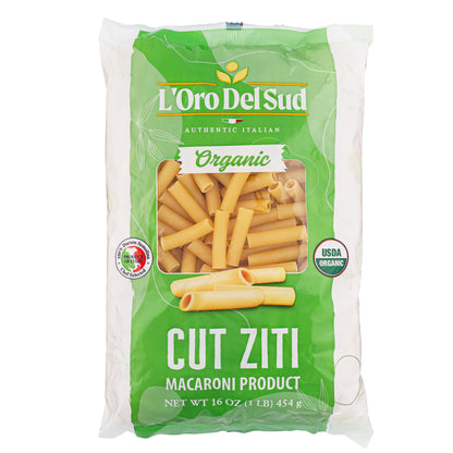 A package of L'Oro Del Sud Organic Cut Ziti Pasta, showing the pasta inside a transparent window on the front of the package.