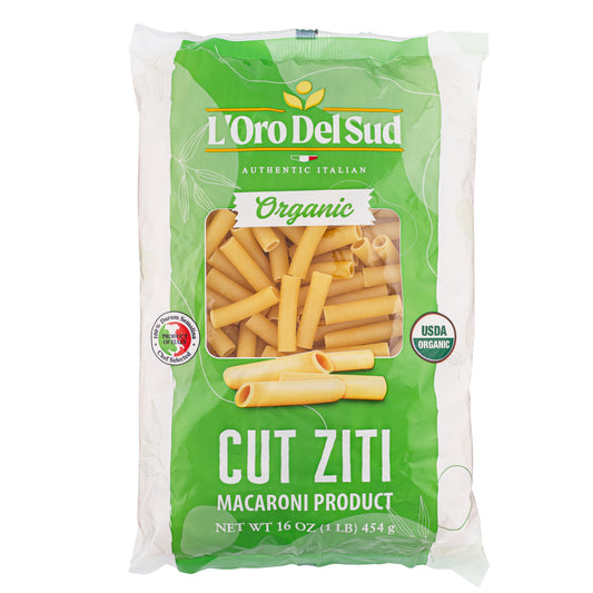 A package of L'Oro Del Sud Organic Cut Ziti Pasta, showing the pasta inside a transparent window on the front of the package.