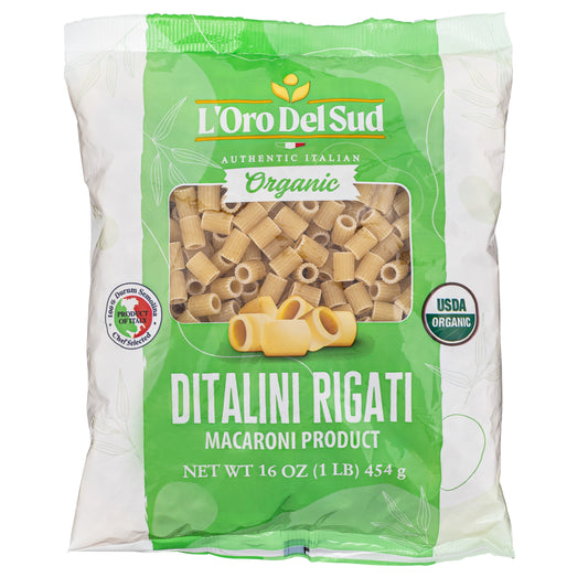 A pack of L'Oro Del Sud Organic Ditalini Macaroni Product, displaying the pasta through a clear window, with green and white packaging.