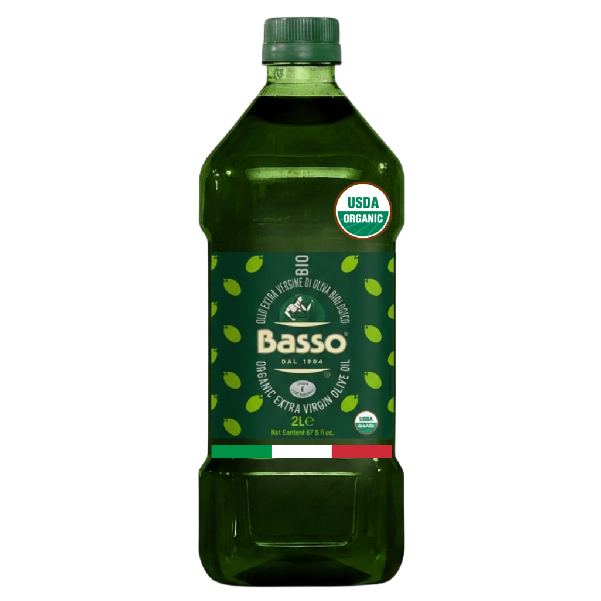 Bottle of Basso olive oil with a green label on a white background