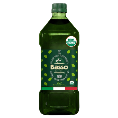 Bottle of Basso olive oil with a green label on a white background