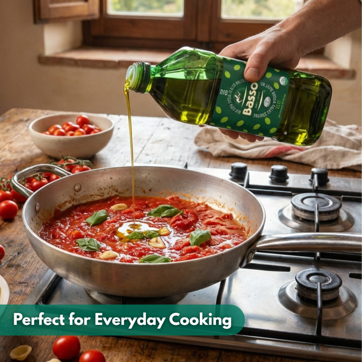 Person pouring olive oil into a pan of tomato sauce on a stove, with Basso olive oil bottle visible.
