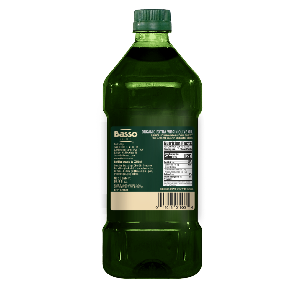 Bottle of Basso organic extra virgin olive oil on a white background