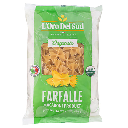 A package of L'Oro Del Sud Organic Farfalle Pasta. The packaging is green with an image of the pasta in the center and the brand and product name clearly visible.