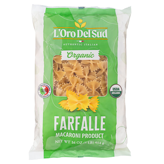 A package of L'Oro Del Sud Organic Farfalle Pasta. The packaging is green with an image of the pasta in the center and the brand and product name clearly visible.