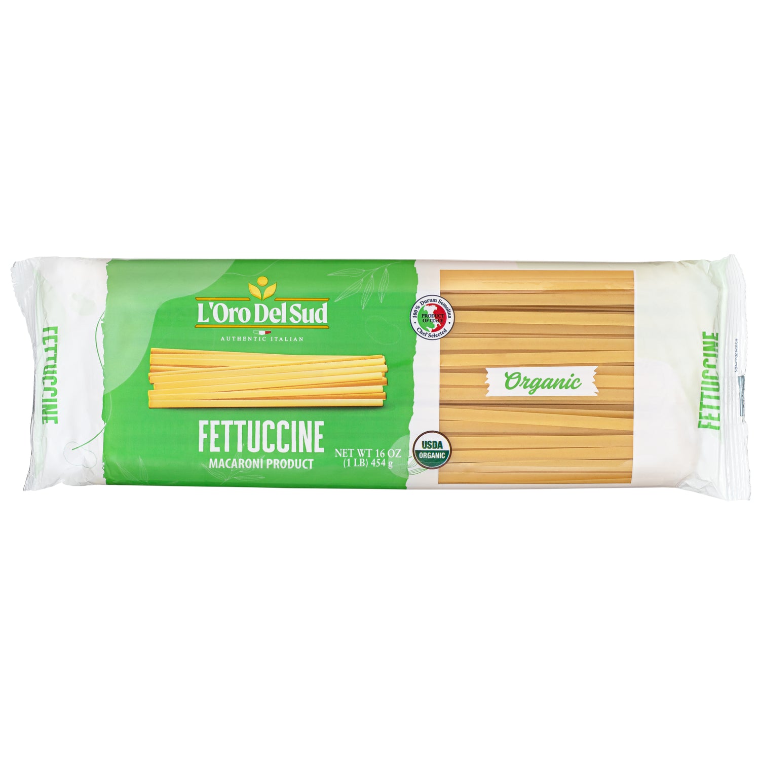 Packaging of L'Oro Del Sud Organic Fettuccine Pasta showing the product and brand name with organic certification.