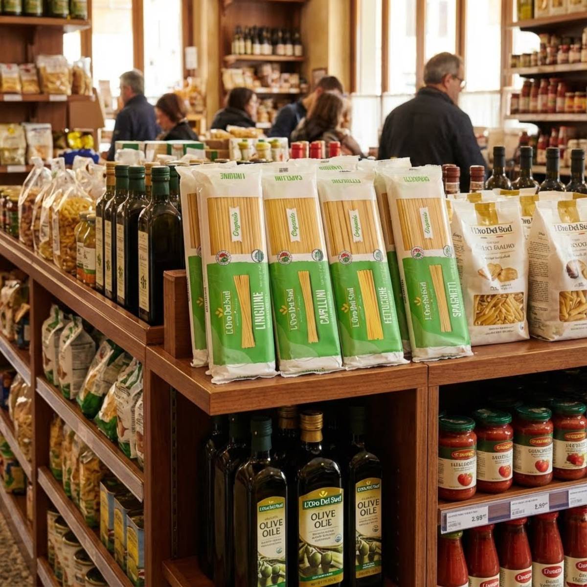 An Italian grocery display featuring pasta, sauces, and olive oil arranged on wooden shelves inside a bustling specialty food market.