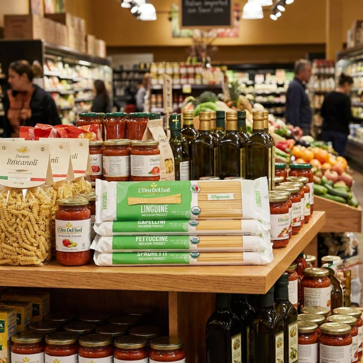 An Italian grocery display featuring pasta, sauces, and olive oil arranged on wooden shelves inside a bustling specialty food market