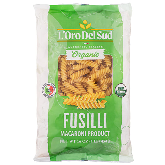 A package of L'Oro Del Sud Organic Fusilli Pasta, showing the pasta shape through a clear window and labeled as 'Organic Macaroni Product'.