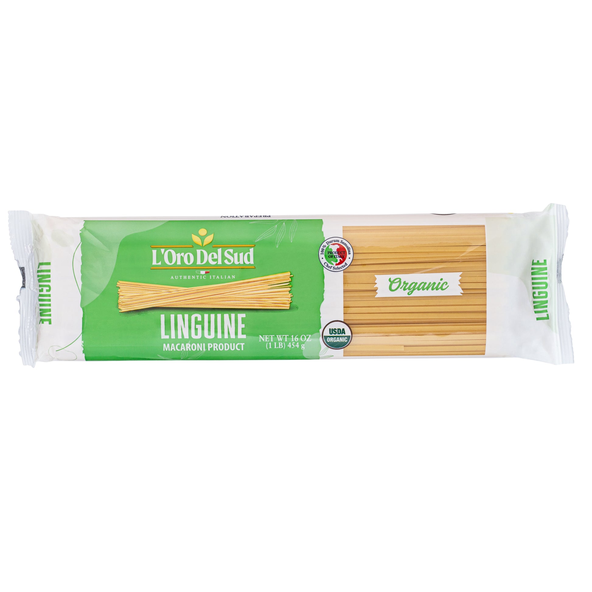 Packaging of L'Oro Del Sud Organic Linguine Pasta, displaying the product and its organic certification.