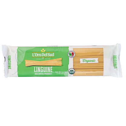 Packaging of L'Oro Del Sud Organic Linguine Pasta, displaying the product and its organic certification.
