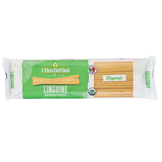 Packaging of L'Oro Del Sud Organic Linguine Pasta, displaying the product and its organic certification.