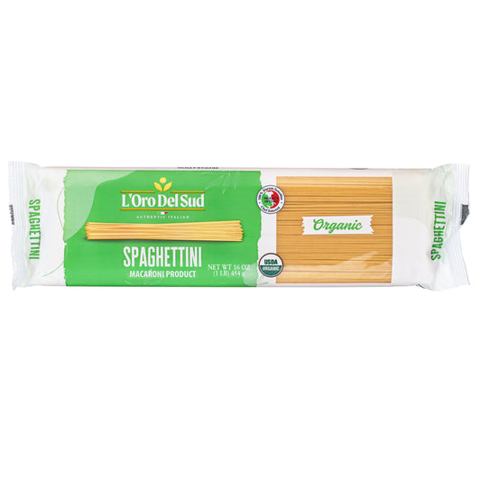 Packaging of L'Oro Del Sud Organic Spaghettini Pasta, showing the product name and organic certification, with a background of green and a picture of the pasta.