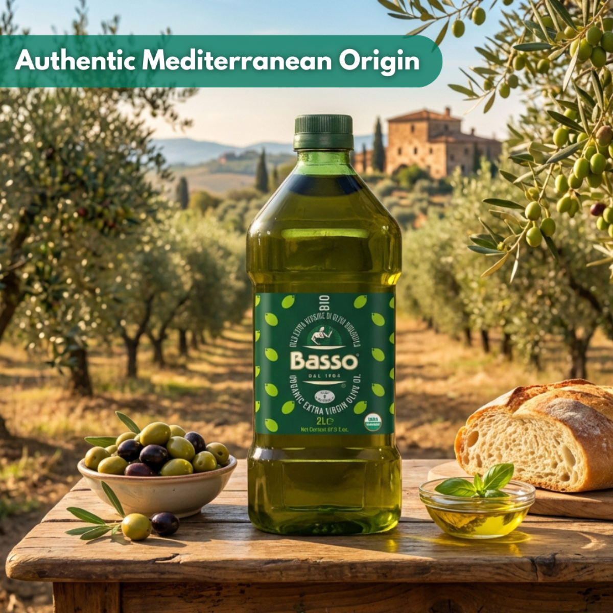 Basso olive oil bottle with olive trees and a house in the background