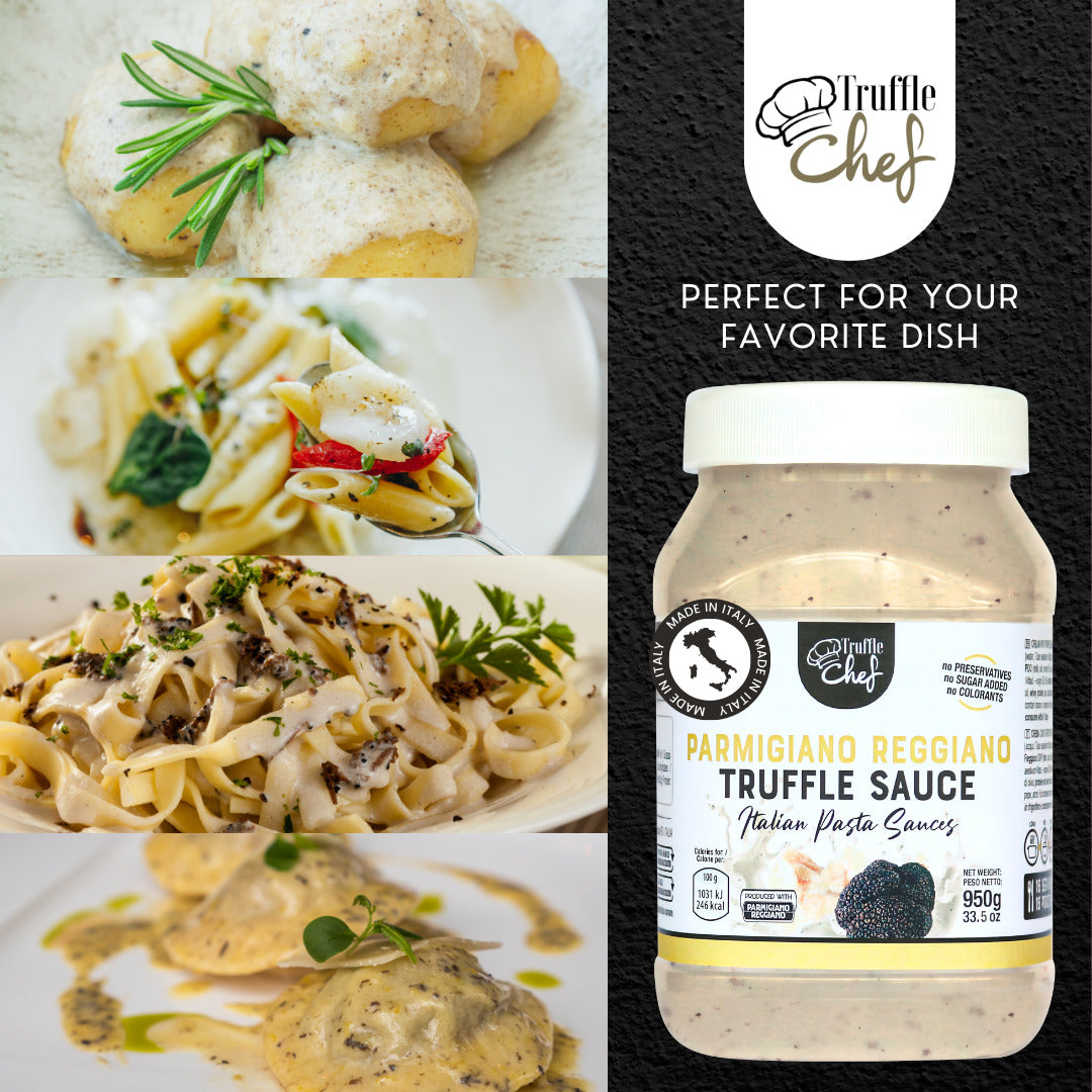 Parmigiano Reggiano Truffle Sauce 33.5 oz jar with gourmet pasta dishes including gnocchi, penne, tagliatelle, and ravioli, creamy Italian truffle sauce