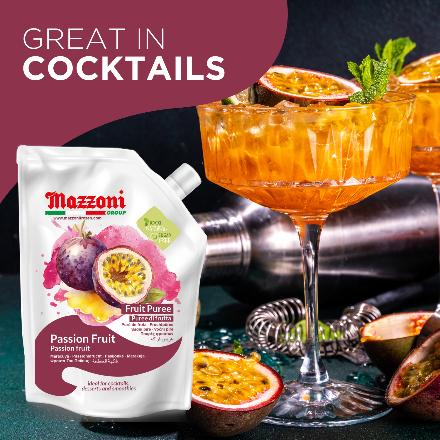 Mazzoni PassionFruit Puree, 100% Pure Passion Fruit, Maracuya Pulp, Just Fruit, No Sugar Added, Real Fruit for, Smoothies, Drinks, Cocktails, Fruit Juice - 2.2 lb Convenient Pouch, Made in Italy
