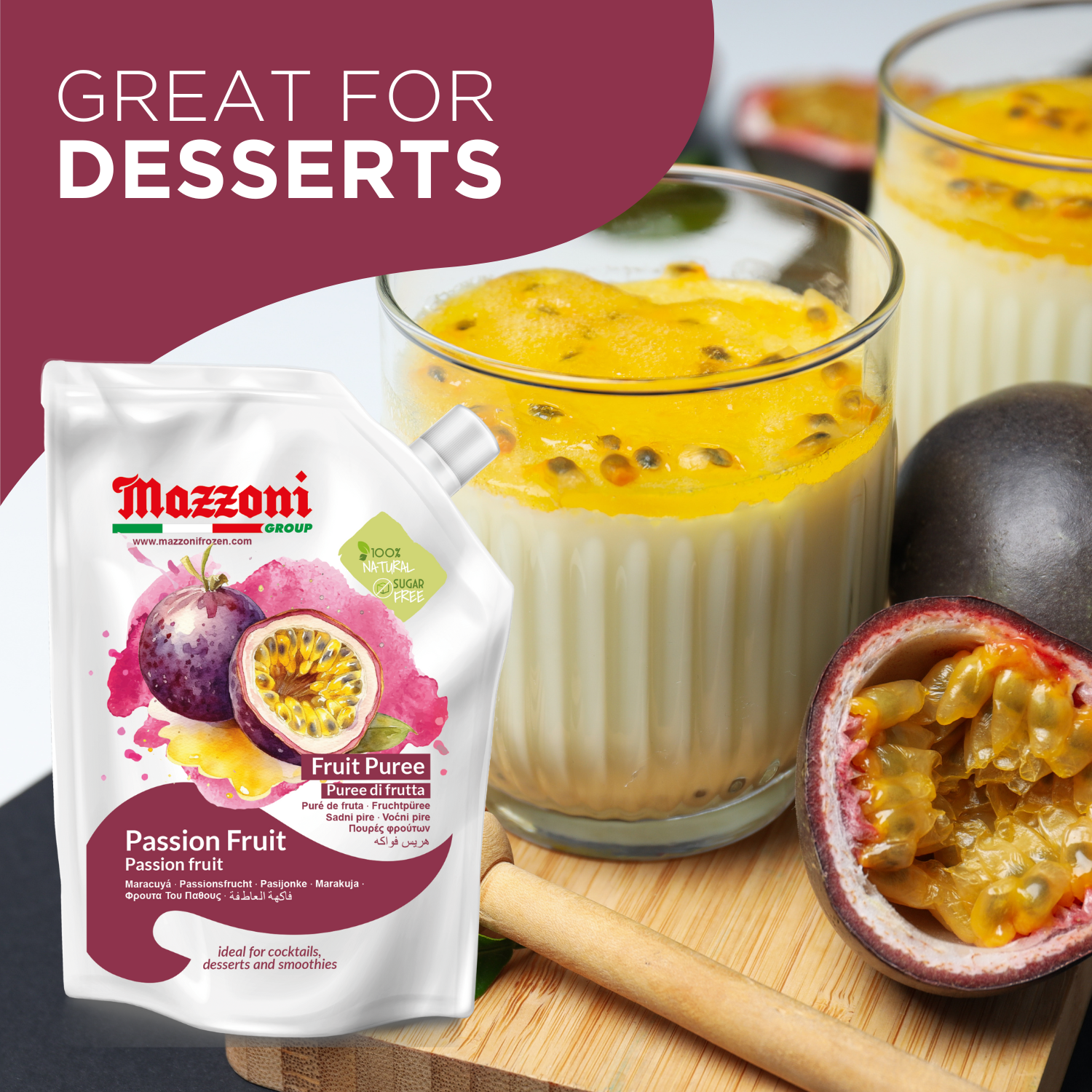 Passion Fruit Puree, 100% Pure Passion Fruit, Maracuya, Just Fruit, No Sugar Added, Real Fruit for, Smoothies, Drinks, Cocktails, Fruit Juice - 2.2 lb Convenient Pouch, Mazzoni, Made in Italy
