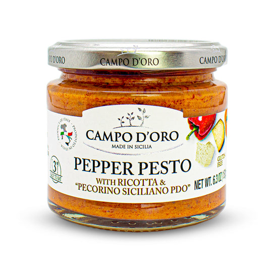 Jar of Campo D’Oro pepper pesto with ricotta and Pecorino Siciliano PDO 180g authentic Italian gourmet pesto sauce