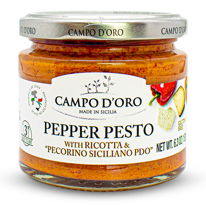 Jar of Campo D’Oro pepper pesto with ricotta and Pecorino Siciliano PDO 180g authentic Italian gourmet pesto sauce