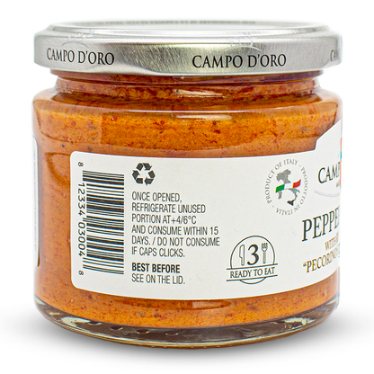 Jar of Campo D’Oro pepper pesto with ricotta and Pecorino Siciliano PDO 180g authentic Italian gourmet pesto sauce