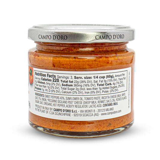 Jar of Campo D’Oro pepper pesto with ricotta and Pecorino Siciliano PDO 180g authentic Italian gourmet pesto sauce