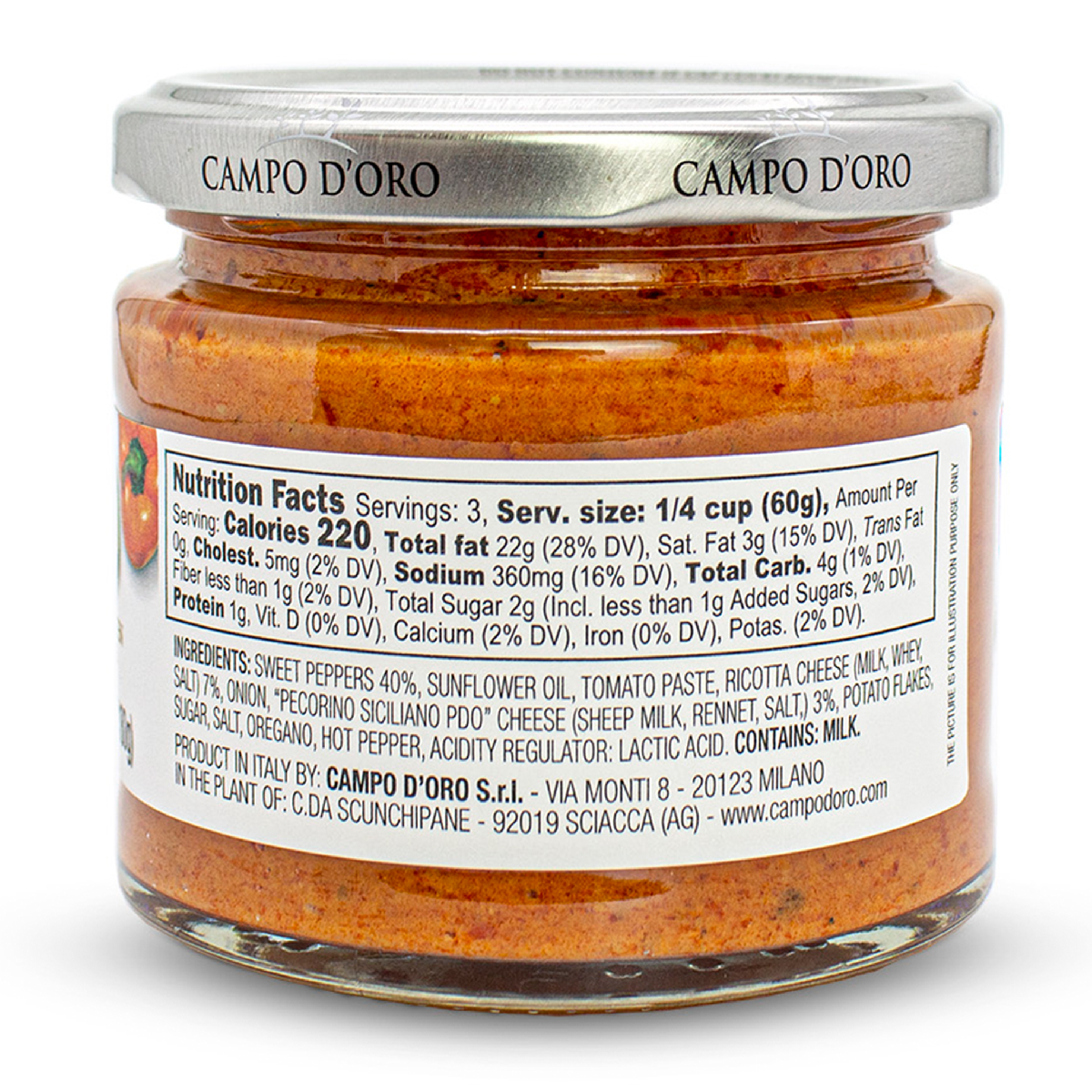 Jar of Campo D’Oro pepper pesto with ricotta and Pecorino Siciliano PDO 180g authentic Italian gourmet pesto sauce