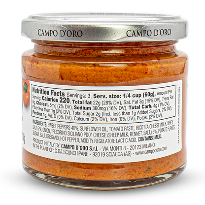 Jar of Campo D’Oro pepper pesto with ricotta and Pecorino Siciliano PDO 180g authentic Italian gourmet pesto sauce