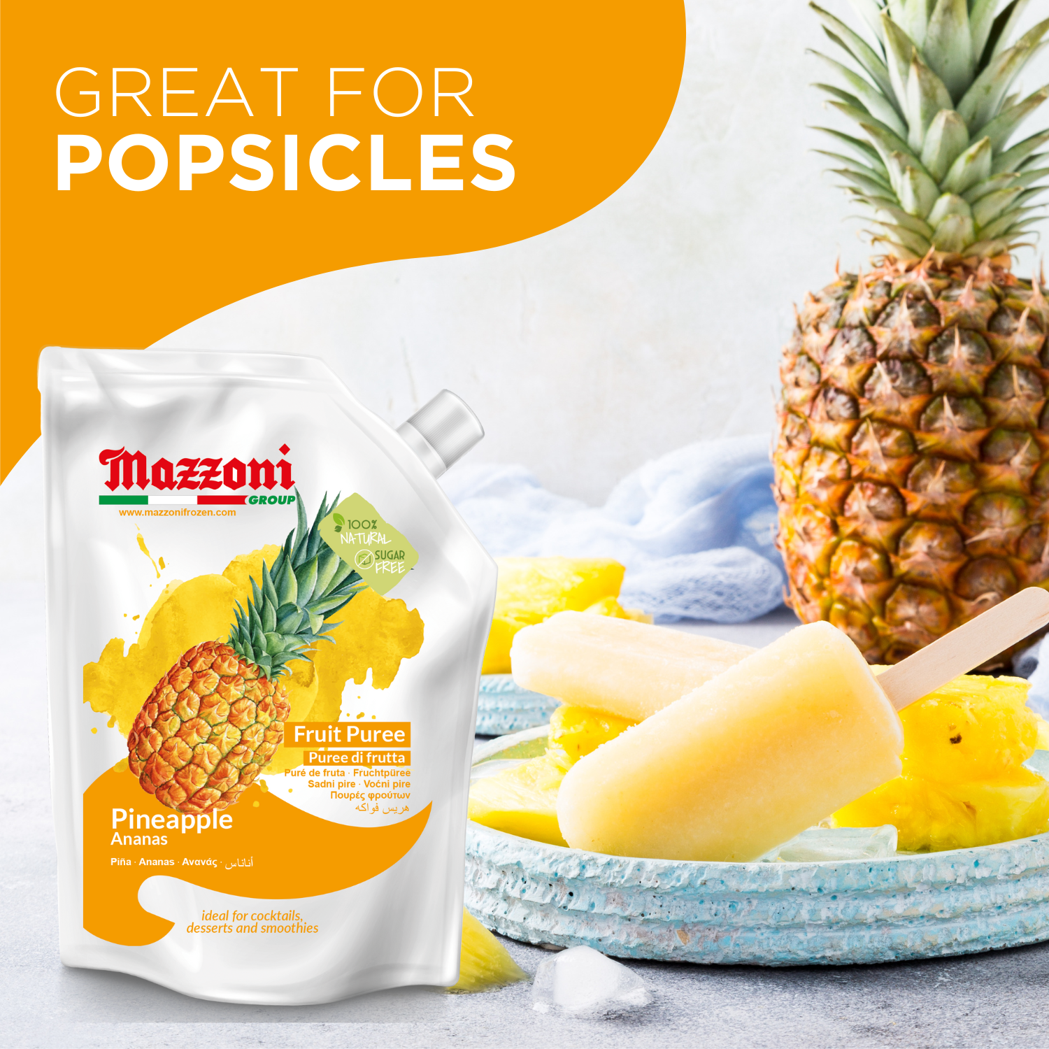 Mazzoni, Pineapple real fruit puree, Pineapple fruit puree for cocktails, Pineapple fruit pulp,  Raspberry puree for drinks 
