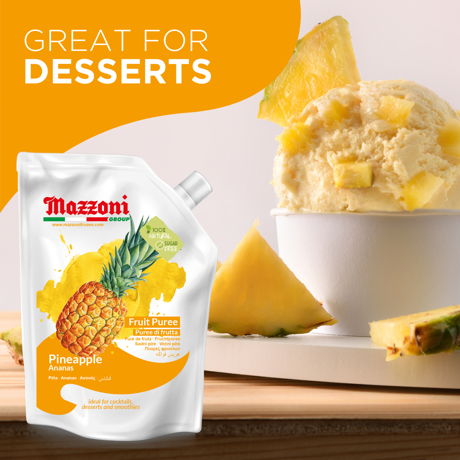 Mazzoni, Pineapple Puree, 100% Pure Pineapple Mix, No Sugar Added, 2.2 lb