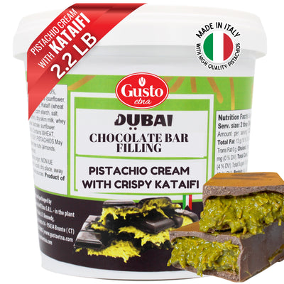 Close-up of Gusto Etna Dubai Chocolate Bar Filling – rich pistachio cream blended with crispy kataifi, packaged in a 2.2lb tub, perfect for making indulgent Dubai-style chocolate bars and gourmet desserts