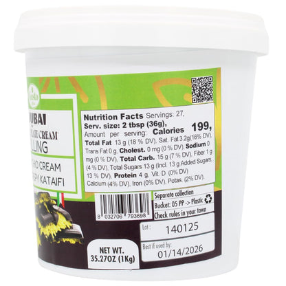 Close-up of Gusto Etna Dubai Chocolate Bar Filling – rich pistachio cream blended with crispy kataifi, packaged in a 2.2lb tub, perfect for making indulgent Dubai-style chocolate bars and gourmet desserts