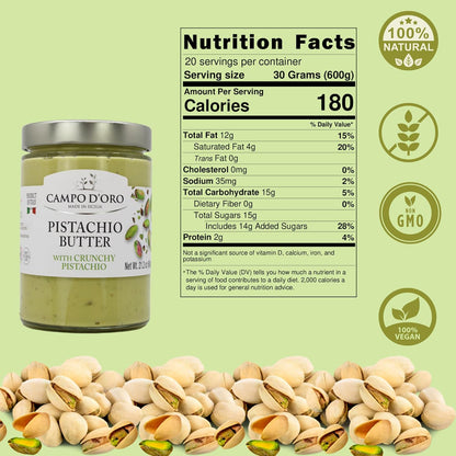 Jar of Campo D’Oro pistachio butter with crunchy pistachio 600g authentic Italian gourmet pistachio cream spread