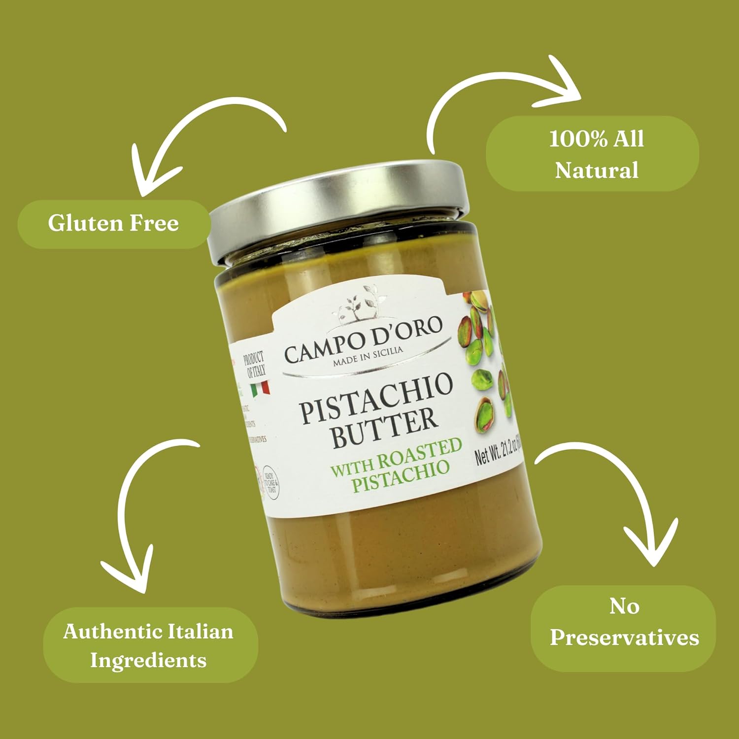 Jar of Campo D’Oro pistachio butter with roasted pistachio 600g authentic Italian gourmet pistachio cream spread
