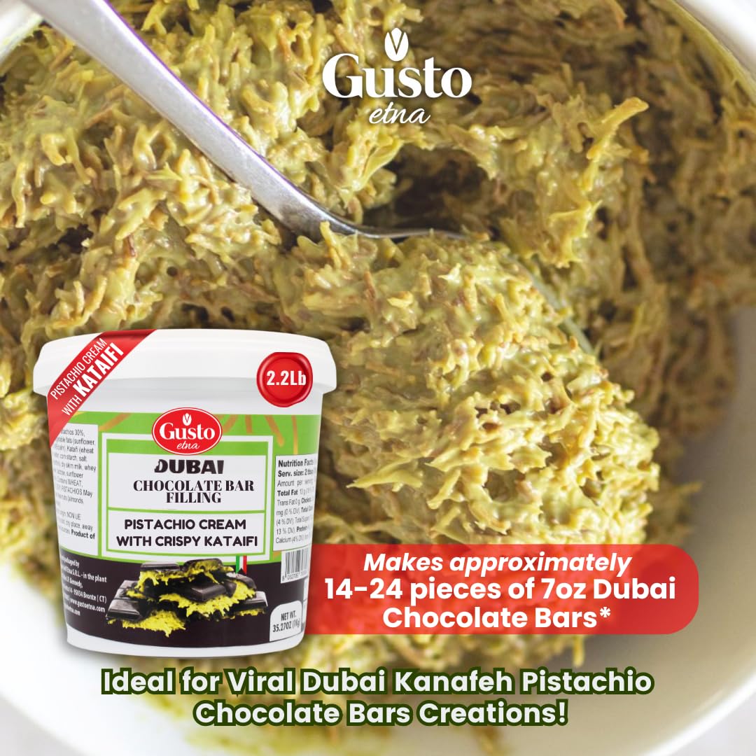 Close-up of Gusto Etna Dubai Chocolate Bar Filling – pistachio cream with crispy kataifi, in a large mixing bowl, with product tub in front. Text overlay indicates it makes approximately 14–24 pieces of 7oz Dubai Chocolate Bars