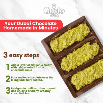 Gusto Etna Dubai Chocolate Bar Filling tub in front of chocolate bar squares filled with crispy kataifi pistachio cream, garnished with chopped pistachios.