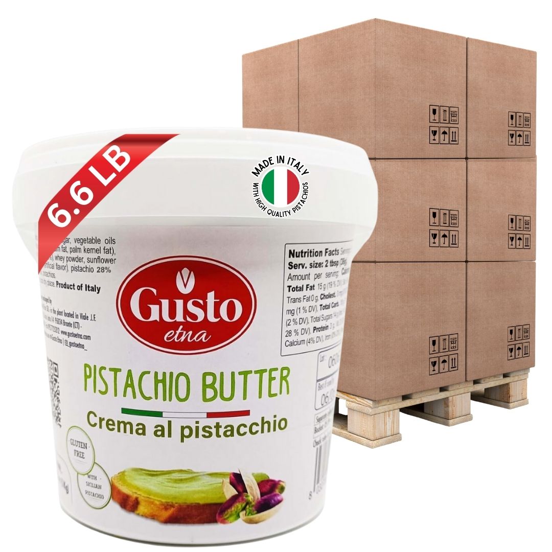 Gusto Etna Pistachio Butter – 6.6 lb (3 kg) tub, Italian crema al pistacchio, gluten-free spread, made with high-quality pistachios, displayed in front of stacked shipping boxes.
