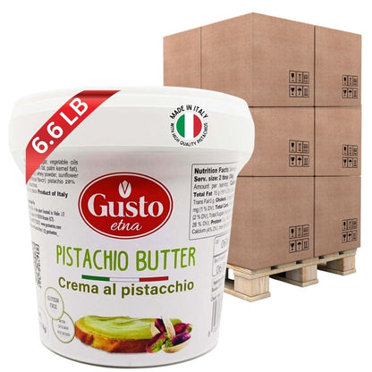 Gusto Etna Pistachio Butter – 6.6 lb (3 kg) tub, Italian crema al pistacchio, gluten-free spread, made with high-quality pistachios, displayed in front of stacked shipping boxes.