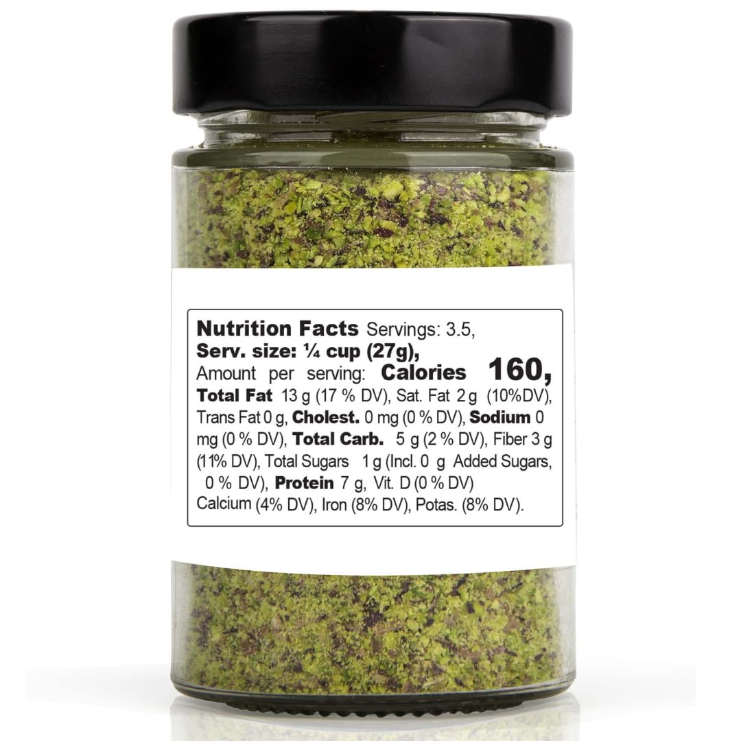Gusto Pistachio Flour in a glass jar, made from finely ground pistachios, ideal for baking and gourmet recipes