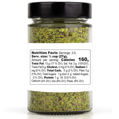 Gusto Pistachio Flour in a glass jar, made from finely ground pistachios, ideal for baking and gourmet recipes